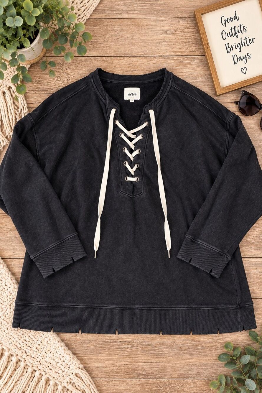 Aerie Women’s Large Black Lace Up Pullover Sweatshirt Long Sleeve Casual Top